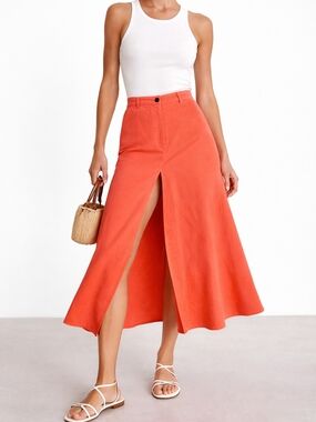 NWT Essentiel Antwerp Coral Orange Flared Midi Skirt Front Slit A-Line Size 4
